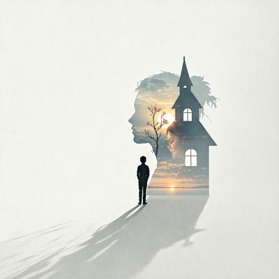 The primary subject of the image is a silhouette of a person, possibly a boy, standing in front of a house. The setting is a white background, which creates a contrast with the silhouette. The visual style is a combination of a photo and digital art, as it appears to be a photo with a digital artistic touch. The colors and mood of the image are predominantly white, creating a clean and minimalist atmosphere.